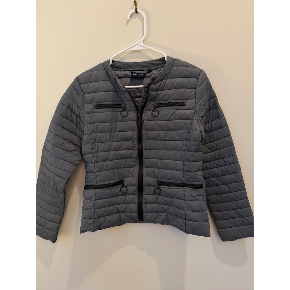 Me Jane Womens Gray Quilted Puffer Jacket Full Zip Ring Pull Pockets Small